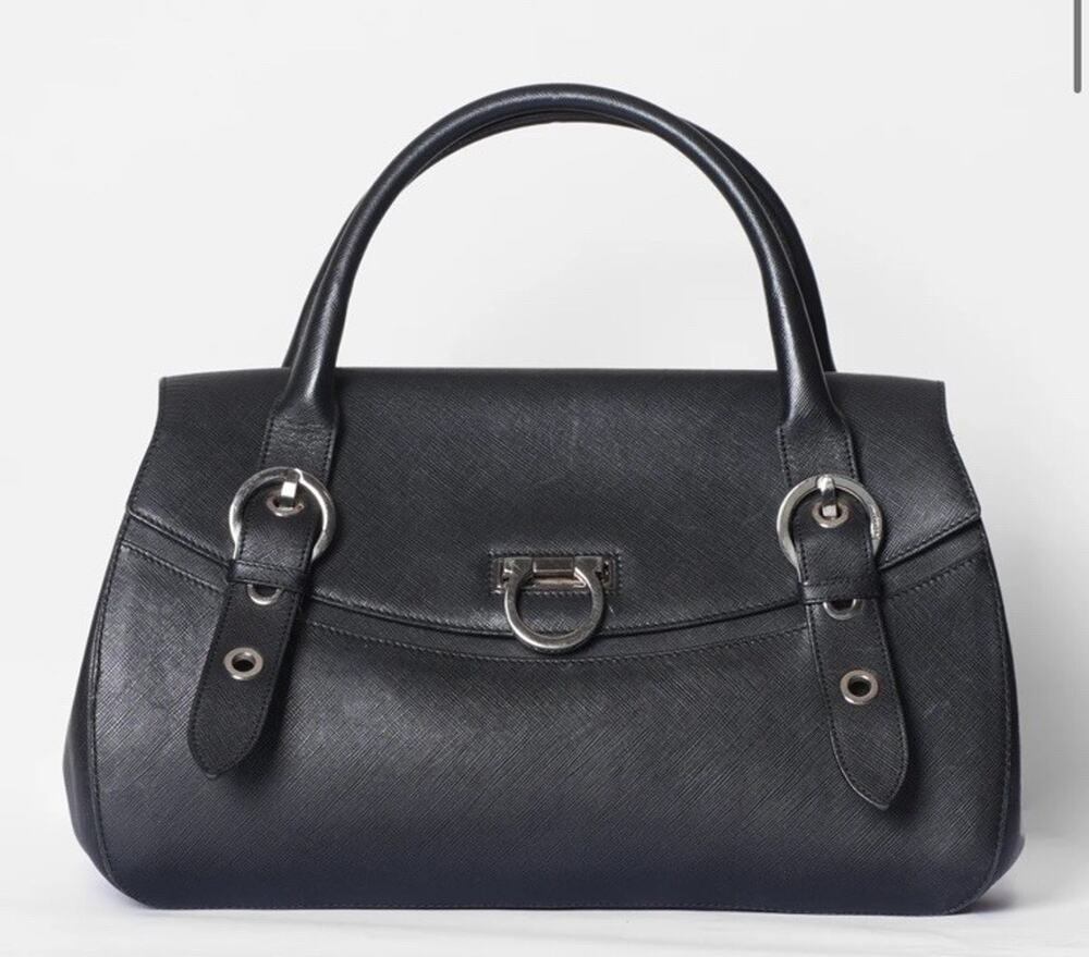 Salvatore Ferragamo Gancini Black Leather Handbag Satchel AB-21 5322 Italy